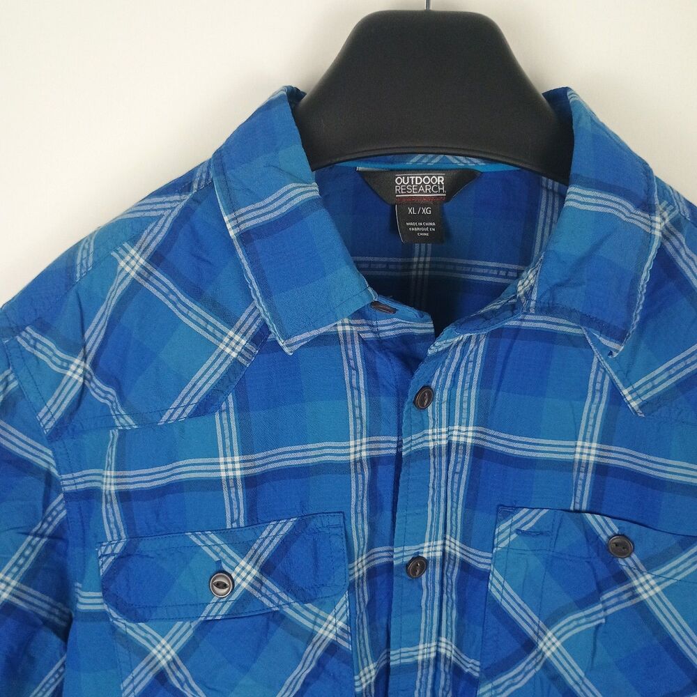 Outdoor Research Shirt Mens XL  Blue Plaid Growler Short Sleeve Summer Shirt